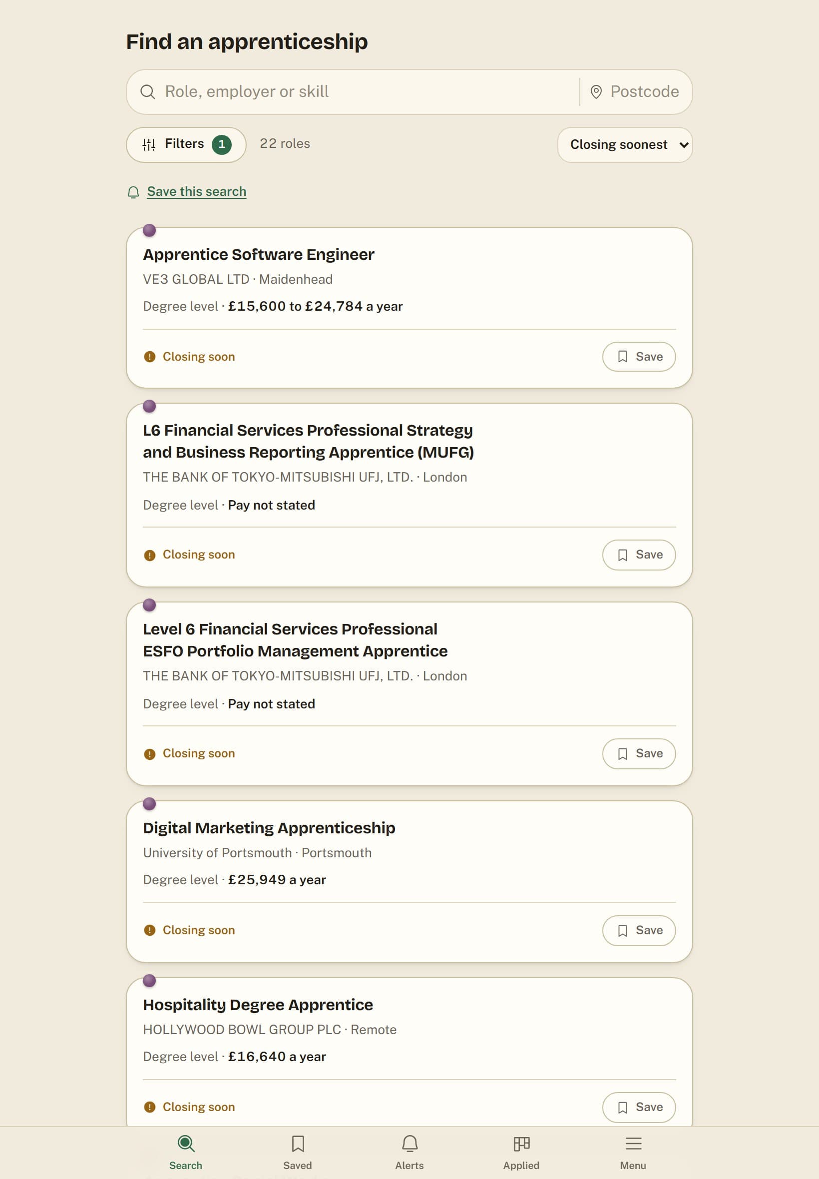 A search filtered to degree level on a tablet, every card carrying the plum degree-level pin.